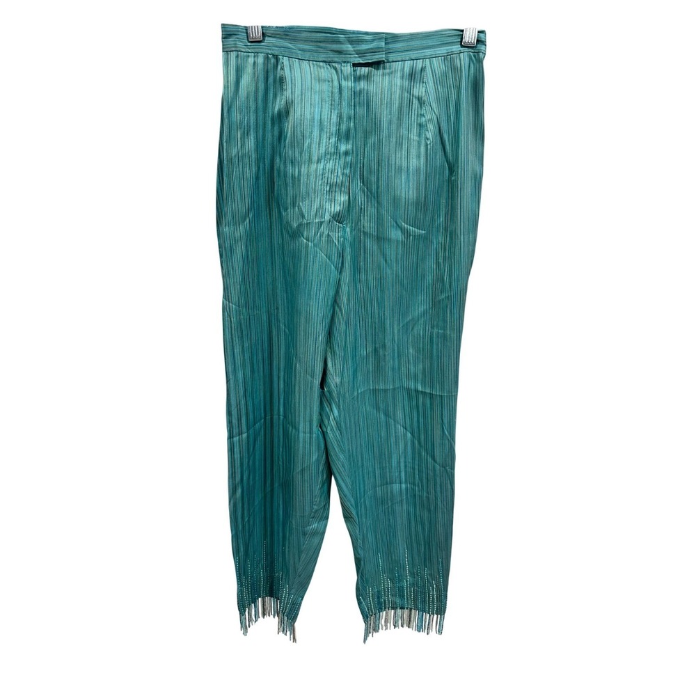 Silks by ISC Women Teal Blue Striped 100% Silk Beaded Fringe Pants Small